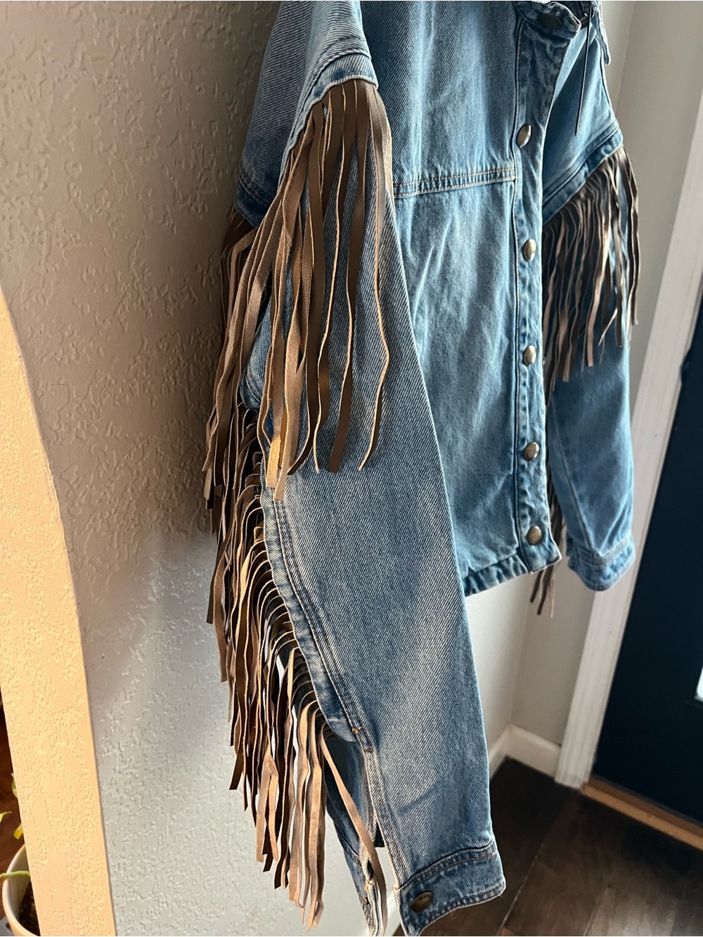 Blank NYC Light Blue Denim Jacket with Tan Fringe - Picture 3 of 4